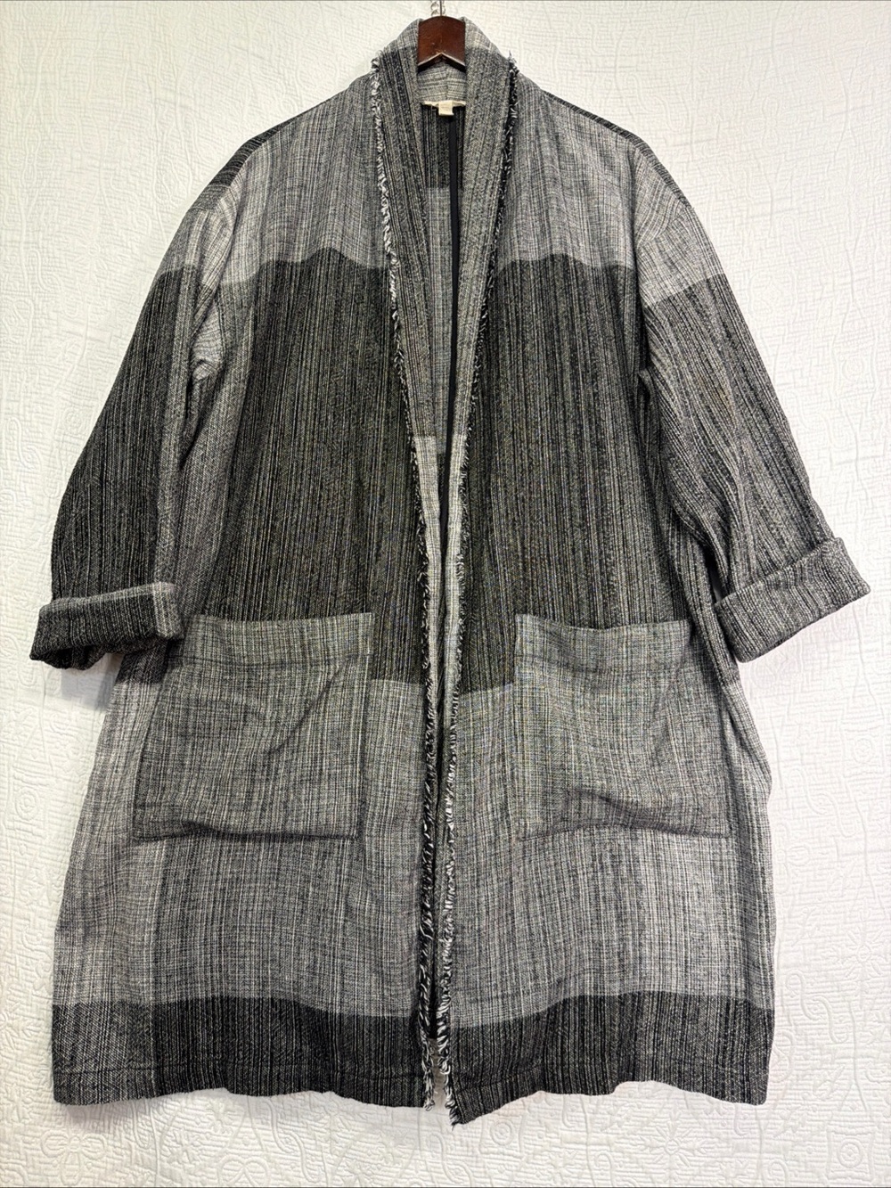 Eileen Fisher Hazy Blocks Organic Cotton Jacket Women L XL Open Front Cardigan